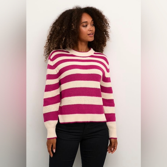 NWT CREAM MUKA FUCHSIA & IVORY STRIPE KNITTED PULLOVER SIZE SMALL - Picture 1 of 12